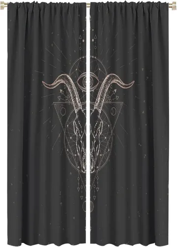Vista 24 de BAEKJIN Cortinas de cabeza de cabra, diseño de calavera malvada, bruja, símbolo misterioso, bolsillo para barra, cortinas opacas para ventana, juego