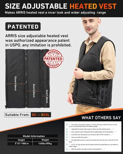 Vista 2 de ARRIS Fleece Heated Vest for Men with Battery Pack Included, Size Adjustable 8 Heating Zones for Hunting Black