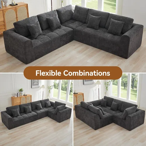 Vista 33 de Sofás seccionales modulares de 110 pulgadas para sala de estar, sofá seccional comprimido sin hueso, sofá de espuma viscoelástica tapizado de 3 Beige