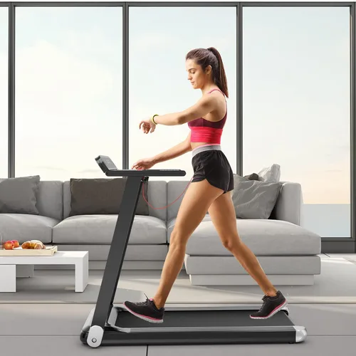 Vista 9 de Goplus Caminadora plegable, cinta de correr compacta superfit con control de aplicación, altavoz de dientes azules, 12 programas preestablecidos