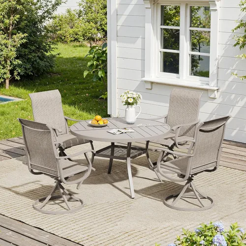 Vista 43 de VICLLAX Muebles pequeños de exterior de 3 piezas, 2 sillas giratorias de patio y mesa redonda pequeña para 2, sillas de carbón oscuro y negro