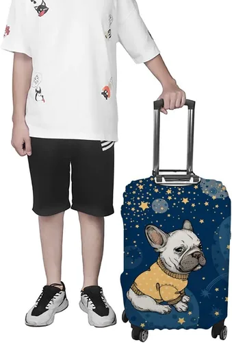 Vista 4 de Kuizee Funda para maleta, diseño de bulldog francés, cielo estrellado, azul, protector de equipaje de viaje, a prueba de polvo, elástico, duradero