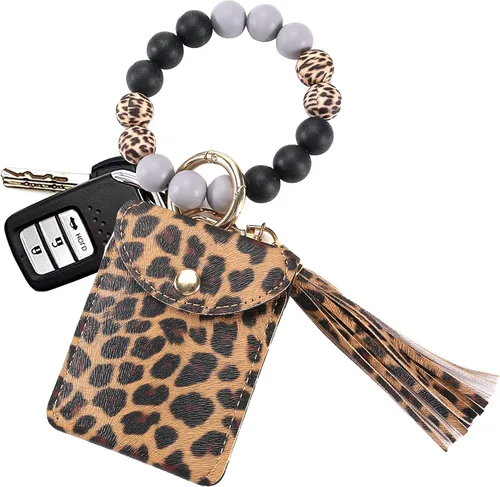 Vista 2 de Llavero de pulsera, pulsera de silicona con cuentas de llavero con tarjetero elástico para mujer