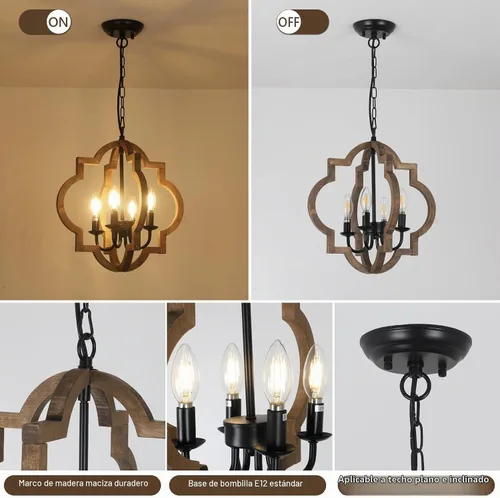 Vista 5 de Lámparas de araña de granja, lámparas de 4 luces para comedor sobre la mesa, lámparas de araña de madera maciza para comedor, lámparas rústicas