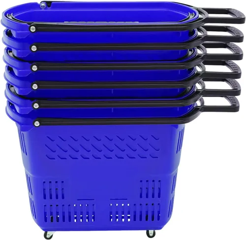 Vista 5 de Carrito de compras de 6 piezas, moderno carrito de compras de 35 l/9.2 galones con ruedas y asa, cesta de compras de PP independiente carrito de Azul