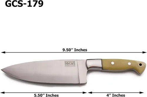 Vista 6 de Cuchillo de chef de acero con mango de hueso hecho a mano GCS D2 con funda de cuero, hoja de espiga completa diseñada para caza y EDC GCS 179