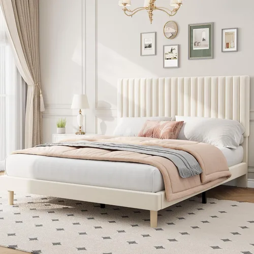 Vista 11 de IDEALHOUSE Base de cama individual con cabecera ajustable, plataforma tapizada de terciopelo, marco de cama tamaño individual, canal vertical Beige