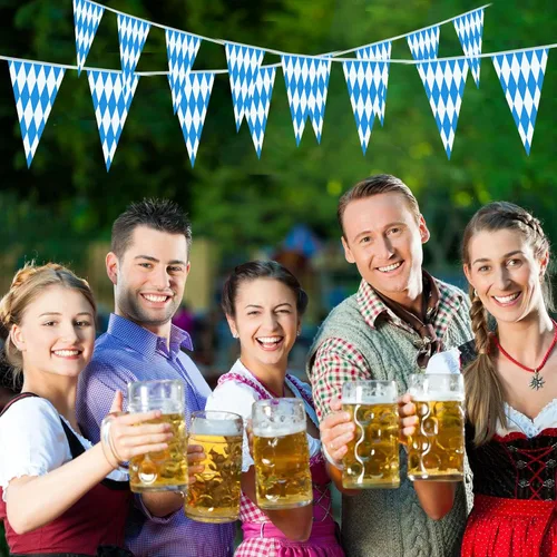 Vista 7 de Banderas de Oktoberfest de 197 pies, paquete de 6 banderines azules y blancos para decoraciones de fiestas temáticas alemanas, decoración