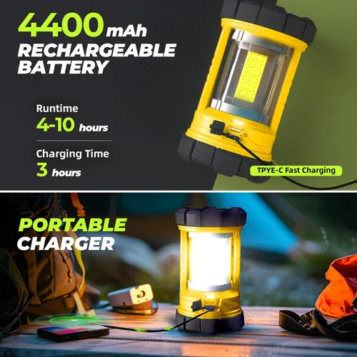 Vista 4 de Linterna de campamento de 3000 lúmenes, faroles LED para cortes de energía con cargador de teléfono de 4400 mAh, linterna recargable resistente a