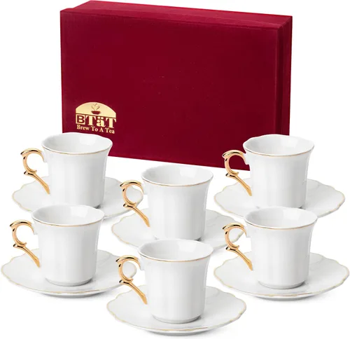 Vista 10 de Brew To A Tea Juego de 6 tazas de café turco de porcelana con platillos, color blanco con diseño de ribete dorado y caja de regalo, aptas