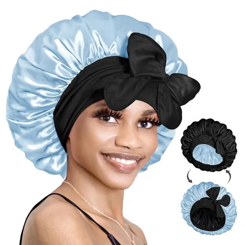 Vista 18 de BONNET QUEEN Gorro reversible de satén de seda para dormir, doble capa, ajustable, trenzas rizadas, peluca de cabello natural, banda para gorro