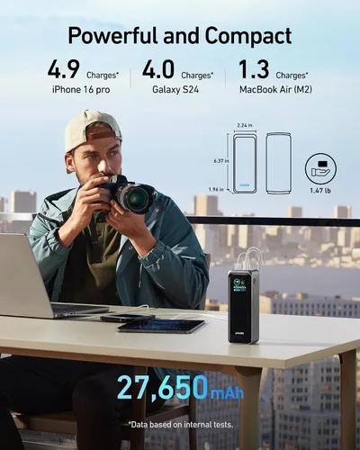 Vista 4 de Anker Prime Power Bank, cargador portátil de 27,650 mAh de 3 puertos y 250 W para viajes, aprobado por la TSA, aplicación inteligente, para MacBook
