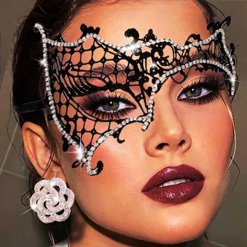 Vista 2 de Yalice Máscaras de encaje con strass para mujer, máscara de media cara con destellos para fiesta de disfraces