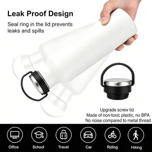 Vista 5 de TYESO Botella de agua de acero inoxidable aislada al vacío, botella de agua aislada con asa de transporte de silicona suave (blanco, 17 onzas)