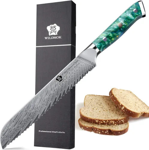 Vista 11 de WILDMOK Cuchillo de pan de acero dentado de Damasco, cuchillo de pan dentado de 8 pulgadas, mango ergonómico de resina de espiga completa, afilado