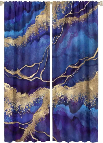 Vista 35 de Cortinas abstractas de mármol de lujo de lujo azul marino dorado a rayas con patrón de mármol estampado para dormitorio, sala de estar, cortinas