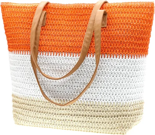 Vista 49 de Bolso grande de paja para mujer, tejido de ratán, bolso de playa de verano, a rayas