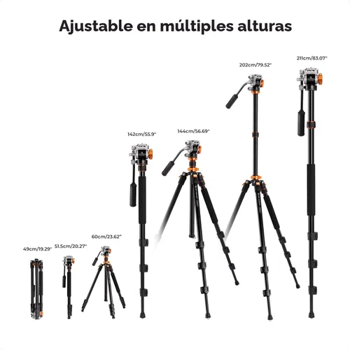Vista 7 de K&F CONCEPT Trípode de video de cámara de 83 pulgadas para DSLR, trípode de aluminio compacto con cabezal fluido panorámico de 360° para viajes