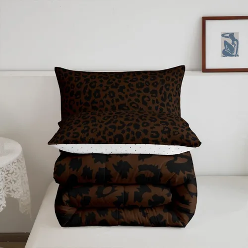 Vista 6 de Manfei Juego de edredón con estampado de leopardo, tamaño individual, juego de ropa de cama con estampado de guepardo marrón y negro, 2 piezas Negro