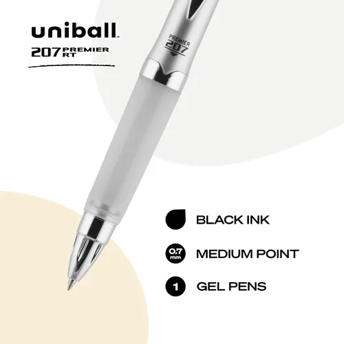 Vista 8 de Uni-Ball 207 Premier, pluma de gel retráctil, punta mediana (1.0mm), negra, 1 paquete Ultra-soft cushioned grip, nano fiber ink, uni Super Ink