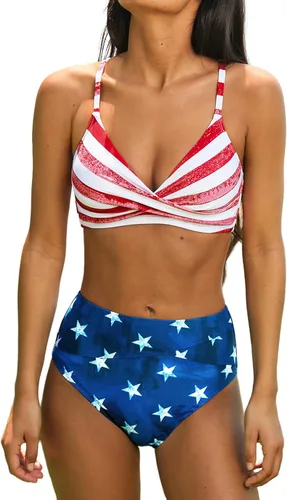 Vista 11 de CUPSHE Conjunto de bikini de dos piezas con cuello en V y cintura alta para Negro/Verde