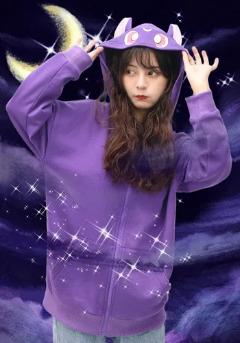 Vista 7 de DAZCOS Sudadera con capucha de anime para mujer, diseño de orejas de gato moradas, con capucha de luna para disfraz de Halloween