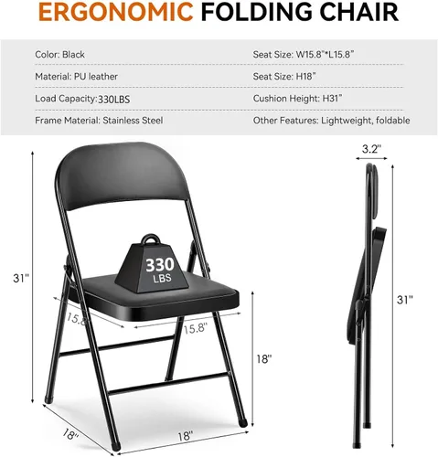 Vista 3 de Fenbeli Paquete de 1 silla plegable con cojín, silla de metal negro con asiento acolchado y marco de acero duradero, sillas plegables de capacidad