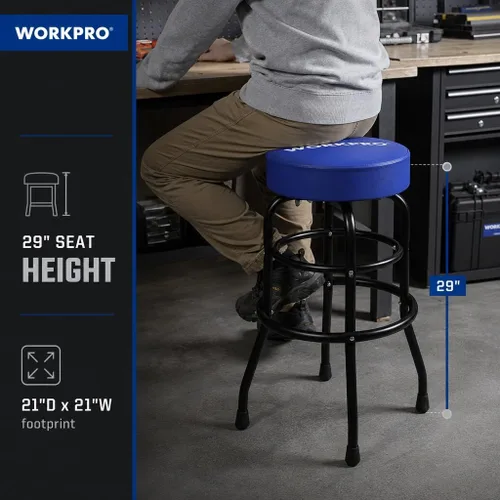 Vista 8 de WORKPRO W112003 Taburete de garaje, taburete de garaje de construcción de acero resistente, asiento de cojín giratorio, patas y reposapiés