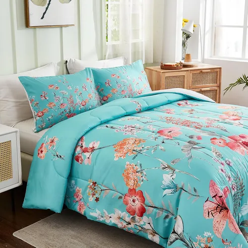 Vista 6 de Juego de edredón de cama tamaño Queen con estampado floral, color azul verdoso, juego de ropa de cama de estilo rústico francés, juego de edredón
