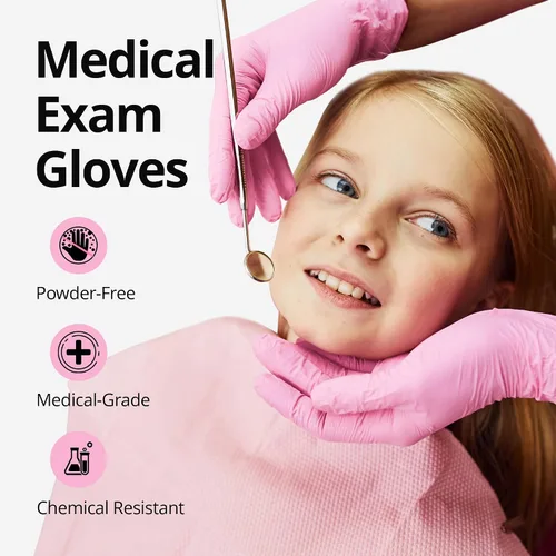 Vista 2 de SwiftGrip - Guantes de examen desechables rosados, 3 mil, talla XS, caja de 50 unidades, sin polvo, sin látex, guantes de grado médico para limpieza