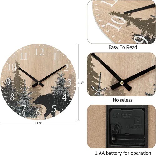 Vista 4 de SwallowLiving Reloj de pared con oso de cabaña, 12 pulgadas, silencioso, sin tictac, bosque de madera, vida silvestre, montaña, cabaña, reloj