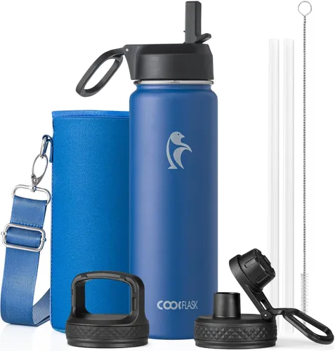 Vista 49 de Coolflask Botella de agua de 20 onzas aislada con pajilla, 3 tapas de metal de acero inoxidable, botella de agua de boca ancha para deportes u