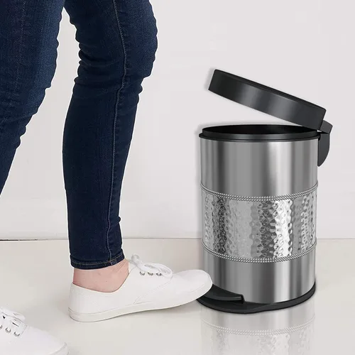 Vista 5 de nu steel Cubo de basura redondo de 5 litros con escalón de metal pequeño, contenedor de basura, para baño, tocador, dormitorio, cocina, oficina