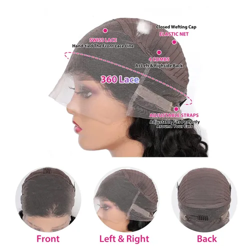 Vista 5 de Pelucas de encaje frontal de onda corporal 360 de virgen brasileño de 22 pulgadas - Prearrancadas con cabello de bebé, encaje frontal completo