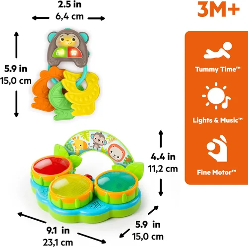 Vista 8 de Bright Starts Set de Regalo Safari Sounds, Paquete de 2 Juguetes para Bebé para Llevar, Juguete Musical de Tambor y Juguete de Llaves de Carro