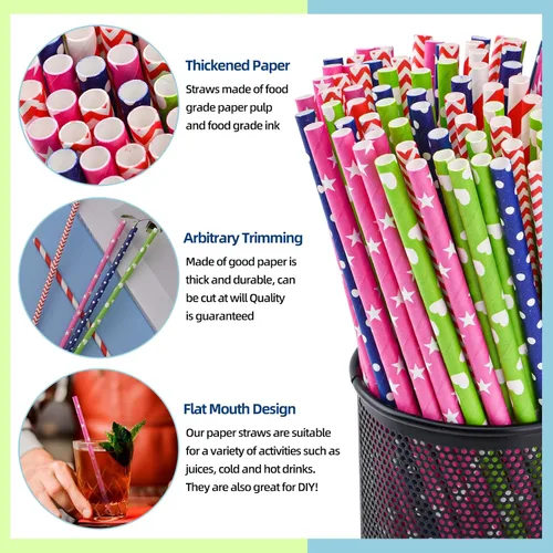Vista 3 de Paquete de 100 pajitas de papel con patrón mixto, biodegradables, duraderas y ecológicas para bebidas frías de café, postres y decoración