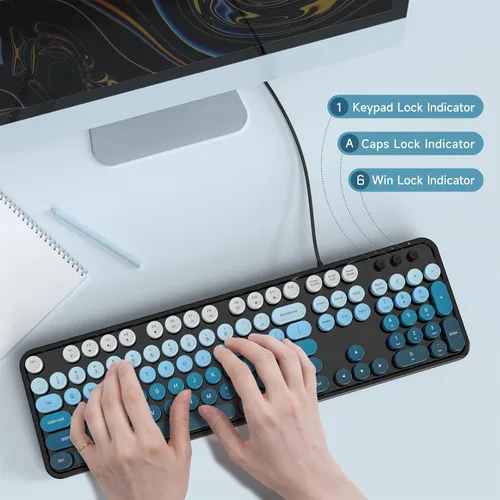 Vista 5 de MOFII Computer Keyboard Wired,Round Key Retro Typewriter Keyboard Full Size USB Plug and Play, for Laptop, PC, Desktop, Windows