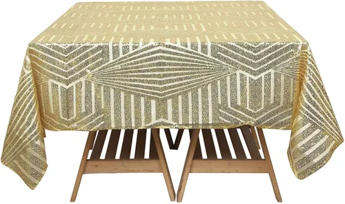 Vista 7 de Efavormart - Mesa cuadrada de tul geométrico con lentejuelas doradas brillantes de 72 pulgadas Dorado