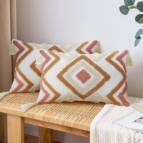 Vista 2 de Merrycolor Fundas de Cojines Decorativos con Mechones Estilo Boho (Naranja y Rosa, 20" x 12" (Paquete de 1))