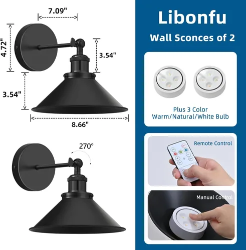Vista 5 de Juego de 2 apliques de pared que funcionan con pilas, juego de 2 apliques vintage con control remoto, luces de pared regulables para sala de estar