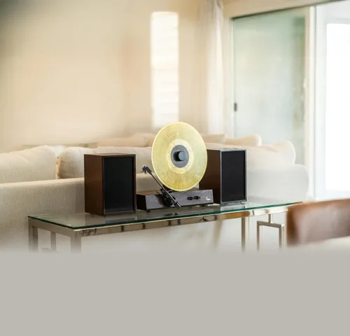 Vista 4 de Reproductor de discos de vinilo vertical Fuse GLD con altavoces Moldura negra Bluetooth 5.3, AUX Altavoces externos de gama completa