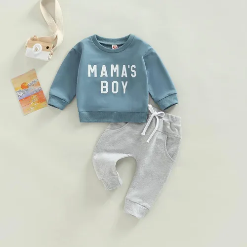 Vista 2 de Ehfomius Toddler Baby Boy Fall Winter Clothes Mama's Boy Long Sleeve Pullover Sweatshirt and Jogger Pants 2Pcs Set
