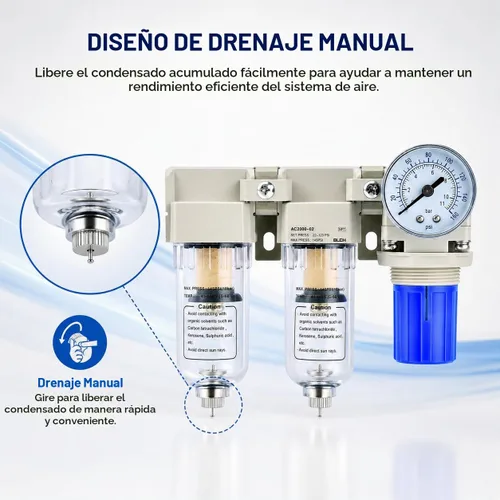 Vista 7 de BLCH Compresor de Aire Secador 1/4" NPT - Filtro Doble Compresor de Aire Regulador Compresor de Aire AC2000-02 Vaciado Manual Vaso de Polietileno