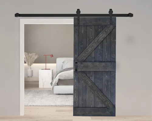 Vista 18 de Serie K. Puerta corredera de granero de madera maciza acabada con kit de herrajes (marrón/nogal, 24 x 84 pulgadas)