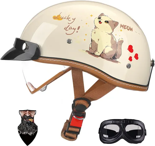 Vista 20 de Casco Moto Retro Jet para hombres y mujeres Homologado DOT, Medio Casco ABS, Ventilación Doble, Visera Retráctil y Forro Desmontable Fresco