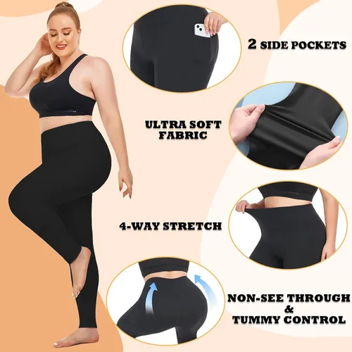 Vista 6 de NEW YOUNG Paquete de 3 leggings de talla grande con bolsillos para mujer, cintura alta, control de abdomen, pantalones de yoga para entrenamiento