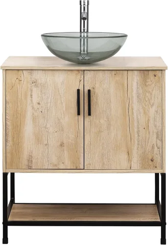 Vista 9 de UEV Mueble de baño de roble rústico de 30 pulgadas con lavabo, juego de gabinete de baño con marco de hierro industrial con puertas y estante