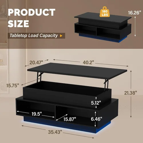 Vista 2 de YESHOMY Mesa de Centro Elevable de 40" con Almacenamiento Oculto y Luces LED Multicolor, Mesa Cuadrada Moderna de Madera con 4 Estantes Abiertos