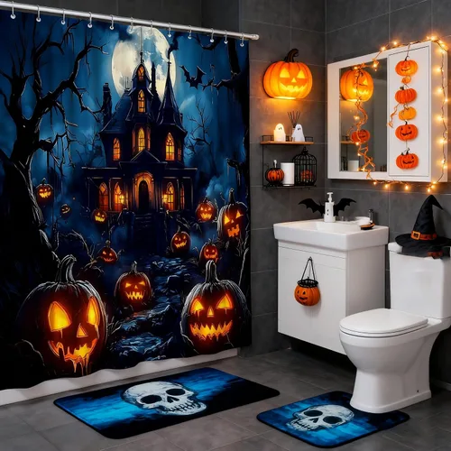 Vista 6 de Halloween Shower Curtain Spooky Haunted House Scene with Glowing Pumpkins Full Moon Bats Gothic Dark Forest Castle Bathroom Polyester Curtains Set