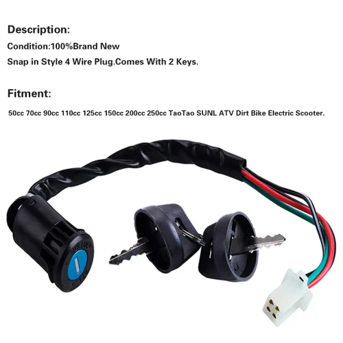 Vista 6 de Interruptor de Arranque Izquierdo de 3 Funciones + Interruptor de Encendido de 4 Cables con Llave y Tapa para ATV Chino Quad 4 Wheeler TaoTao SUNL